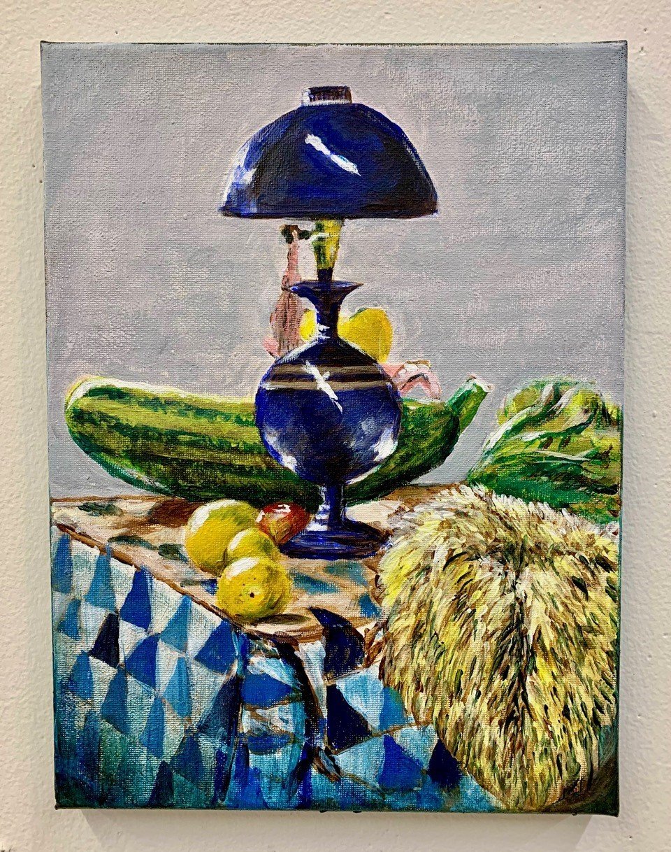 Acrylic still life of lamp and fruit