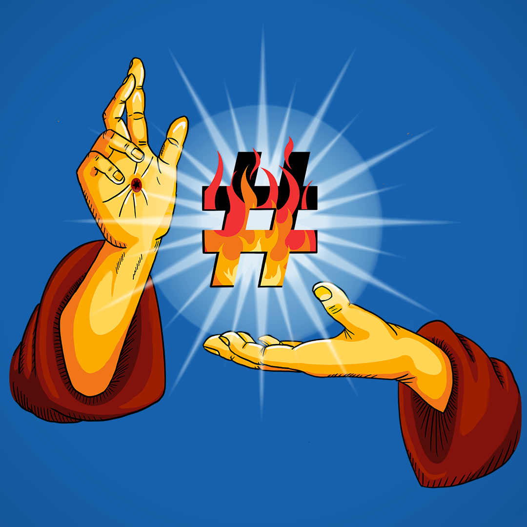 A pair of praying hands cradle a levitating hashtag
