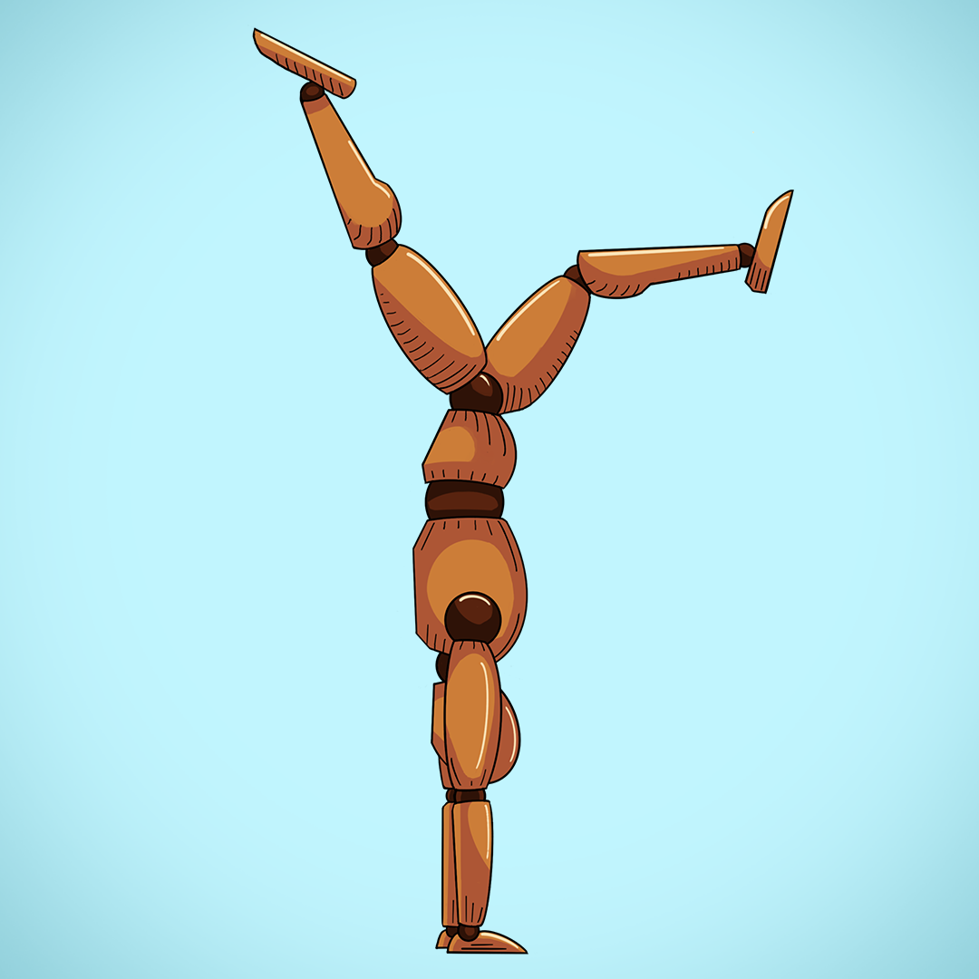 Artist's wooden figure doing a handstand as in yoga